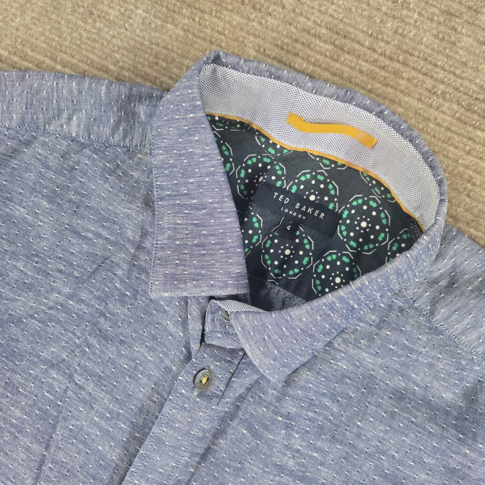 Ted Baker Mens 4 Blue Cotton Linen Dobby Short Sleeve Button Down Shirt